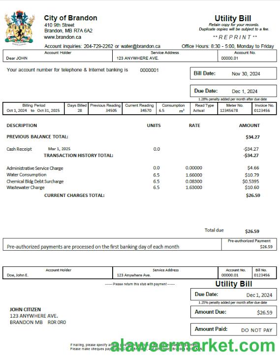 Canada City of Brandon utility bill template in Word and PDF formats